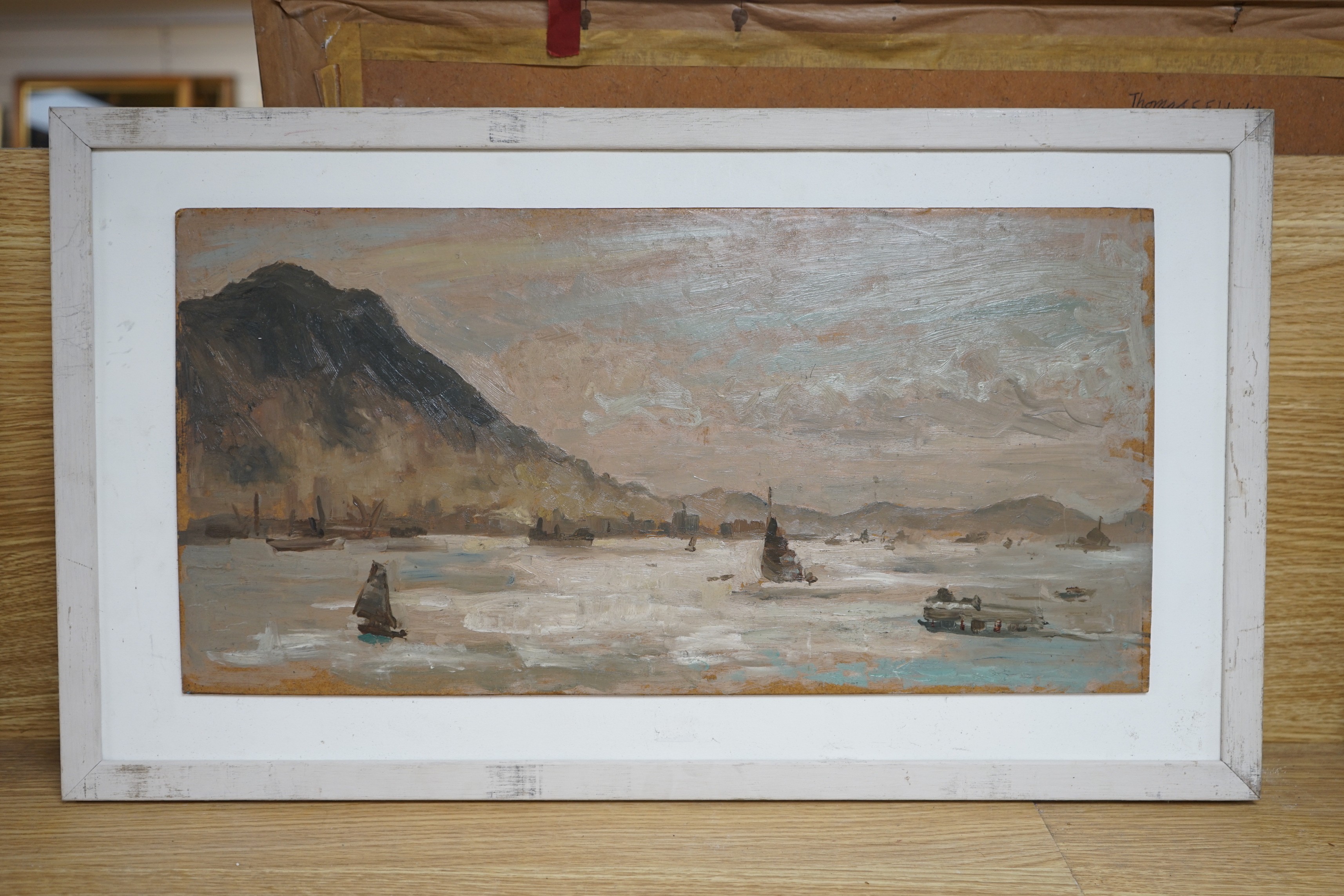 E. Sinclair, oil on board, Hong Kong Harbour, inscribed verso, 25 x 50cm